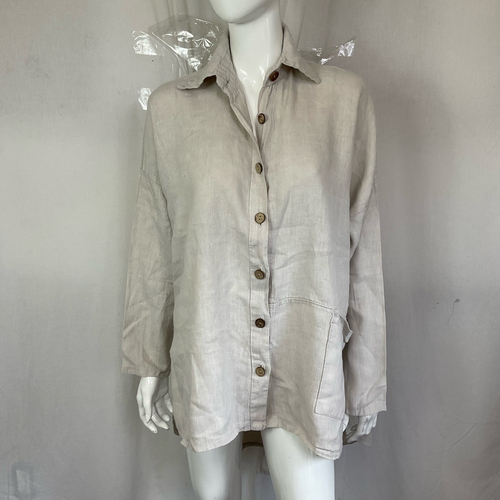 Made In Italy Beige 100% Linen Long Sleeve Pockets Button Down Shacket Shirt 3X - Picture 3 of 11